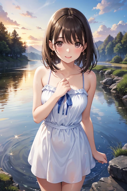anegasaki nene、Shiny brown hair, short hair, (Beautiful brown eyes、Sparkling eyes, Fine grain)、smile、Ultra-detailed eyes、Highly detailed face, Highly detailed eyes,Cowboy Shot、
Nightscape inspired by Japanese art, 提灯で照らされた庭園と静かな湖にかかるwood製の橋がある. The starry sky reflected on the water, Create a magical environment. On the shores of the lake, White mini sundress、
There is a small Zen temple lit by candles.., people々々A place where people々 come to meditate. wood々Leaves fluttering in the wind, Creates a calm and relaxing atmosphere..