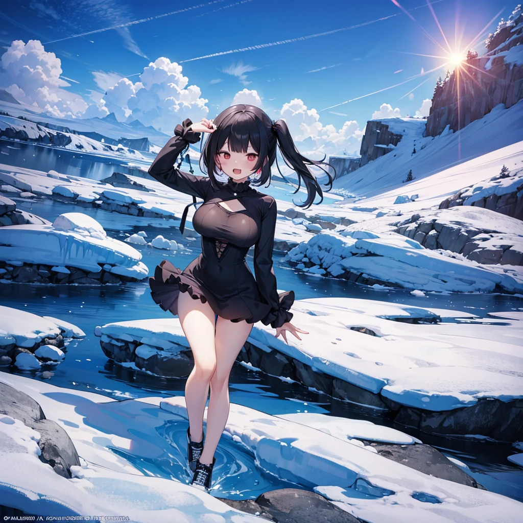 ice field, (solo), (1 skinny girl standing alone), swaying back, BREAK, black hair, two side up, red eyes, bursting large breasts, bouncing large breasts, very short torso, skinny narrow waist, skinny legs, BREAK, (frilled black mini dress with frilled long sleeve:1.2), high neck, closing chest, bared legs, thigh gap, BREAK, (smile for viewer), nose blush, open mouth, orgasm, coverd erectile nipples