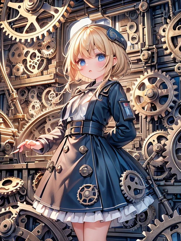 masterpiece, Best Quality, Very detailed, 8k, Ultra-high resolution, (Constructivism:1.5), Cowboy Shot, One Girl, Detailed face, Perfect Fingers, blue eyes, Blonde, Braiding, Silk dress, (A room full of machines:1.4), (gear:1.4), gramophone, Pipes, steam, Power furnace, factory