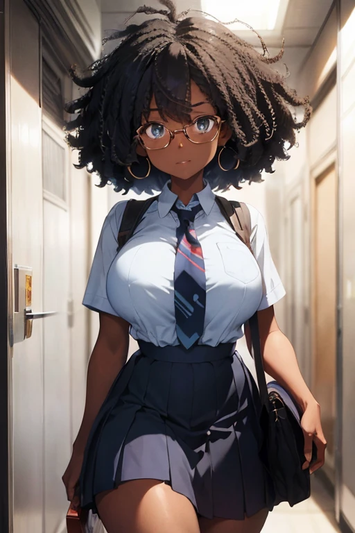 1 female, afro hair, black afro hair black girl afro hair, darker skin, brown skin, light blue eyes, huge breast, thick legs, school uniform, dress shirt, red tie, blue skirt, glasses, in the school, hallway