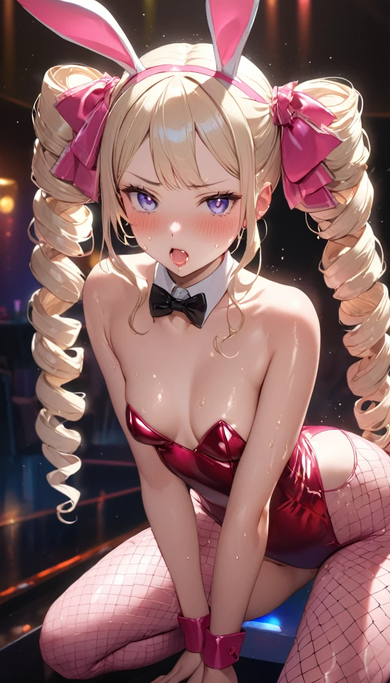 (((cream color  hair)))，(((double twintail  hair)))、((side spiral curls))、(((beatrice)))、(sweaty skin)、 (Highest quality, 8k, 32K, masterpiece, Ultra-high resolution:1.2)、blush、(Sweat:1.10)、((blush)),(((Shining Light))),accurate to the human body、Correct five-finger、Highly detailed face and skin texture, Natural neck length, (Beautiful Hands), (glossy lip gloss:1.3、Long eyelashes、Gloss Face) 、A seductive look of sweet seduction, (Oily skin、Glowing Skin、Realistic skin texture、Beautiful skin in every detail、Glowing Skin),(((Annoyed))),(looking at viewer),(((oily body))),(((ahegao))),(steam),(((latex)))、from front,(squatting),((playboy bunny)),bunny suit, (Nightclub:.1.1, Night Lounge:1.3, Nightclub:1.3, hostess, Lounge Lady:1.3),Whole pin, alcohol bottle, cup,Glass、alcohol,fishnet tights、(((((flat chest)))))、dynamic pose、((back view)),pussy juice