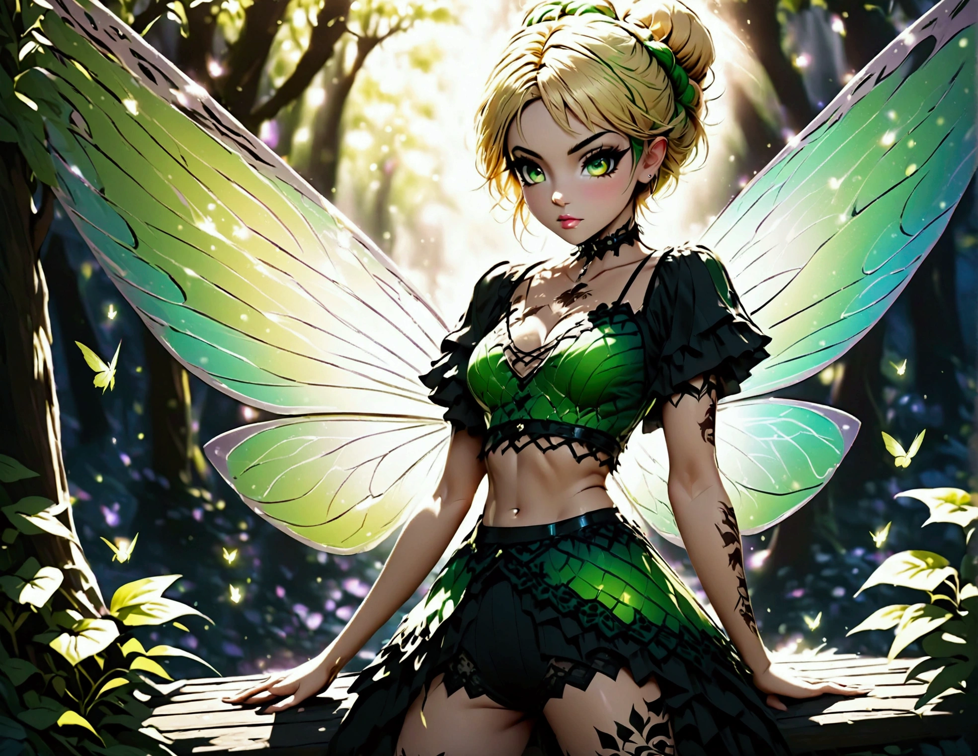 Dark tinkerbell, Goth Fairy, with a tattoo on her chest, in style of anne stokes, full body pose, full length portrait of fairy, beautiful fairy, realistic digital art 4k, digital fantasy portrait, intricate Tattoos, blonde hair styled in a messy updo, emerald green fairy wings, black lace-trimmed crop top, ethereal light filtering through the canopy, intricate body art, magical atmosphere, dark and mystical background, sharp focus on the subject, soft bokeh effect in the background. AniPnyXLQual, GothMOONXL