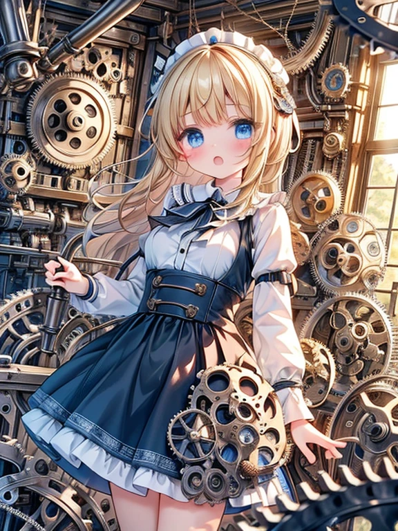 masterpiece, Best Quality, Very detailed, 8k, Ultra-high resolution, Cowboy Shot, One Girl, Detailed face, Perfect Fingers, blue eyes, Blonde, Braiding, Silk dress, (A room full of machines:1.4), (gear:1.4), gramophone, Pipes, steam, Power furnace, factory