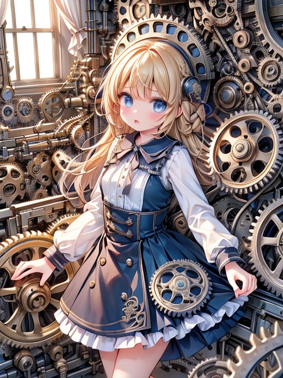 masterpiece, Best Quality, Very detailed, 8k, Ultra-high resolution, Cowboy Shot, One Girl, Detailed face, Perfect Fingers, blue eyes, Blonde, Braiding, Silk dress, (A room full of machines:1.4), (gear:1.4), gramophone, Pipes, steam, Power furnace, factory