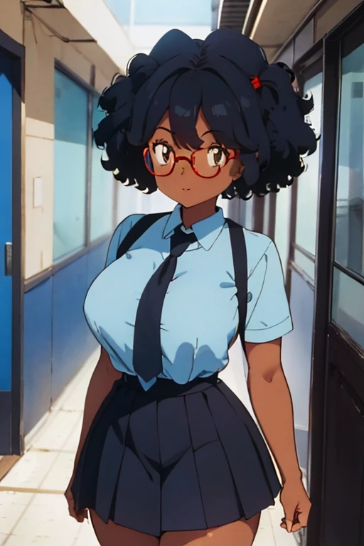 1 female, afro hair, black afro hair black girl afro hair, darker skin, brown skin, light blue eyes, huge breast, thick legs, school uniform, dress shirt, red tie, blue skirt, glasses, in the school, hallway