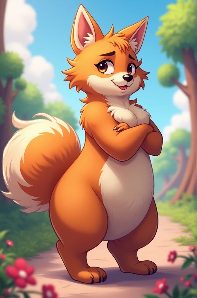 Female fox, one, big tits, furryfemale, ((The whole body is fur)), ((fluffy anthro)), yellow fur, fluffy body hair, fluffy tail, walking through the woods at night, moonlight, smiling