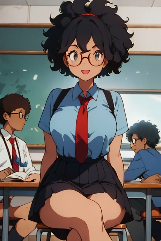 1 female, afro hair, black afro hair black girl afro hair, darker skin, brown skin, light blue eyes, huge breast, thick legs, school uniform, dress shirt, red tie, blue skirt, glasses, in the school, classroom, sitting down, in the chair, reading the book, open mouth, smile