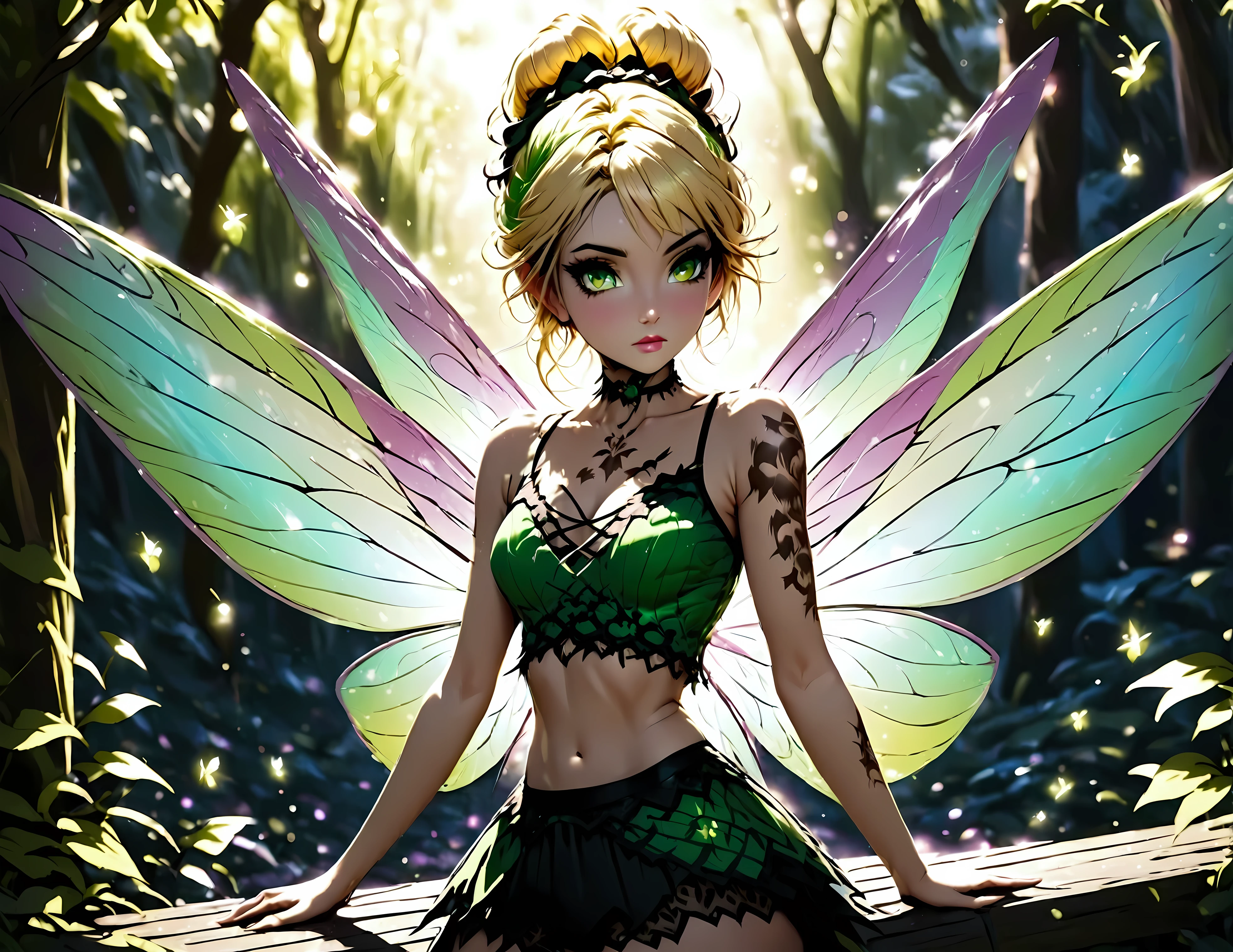 Dark tinkerbell, Goth Fairy, with a tattoo on her chest, in style of anne stokes, full body pose, full length portrait of fairy, beautiful fairy, realistic digital art 4k, digital fantasy portrait, intricate Tattoos, blonde hair styled in a messy updo, emerald green fairy wings, black lace-trimmed crop top, ethereal light filtering through the canopy, intricate body art, magical atmosphere, dark and mystical background, sharp focus on the subject, soft bokeh effect in the background. AniPnyXLQual, GothMOONXL