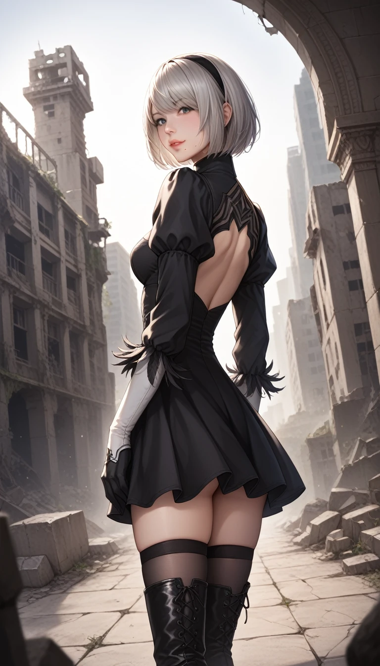 score_9, score_8_up, score_7_up, 32k,masterpiece, highest quality, 
photo realistic, vibrant colors, chiaroscuro lighting, cinematic lighting,
1 woman, inspired 2B nier automata,
bob cut, gray hair, bangs ,mole under mouth, blindfold, pink lips, 
black 2B dress, cleavage cutout, skirt, thighhighs under boots,
ruins, a ruined world, devastated cities, 
picturesque, beautiful scenery, fantastic night sky,
beautiful back view, cinematic angle,