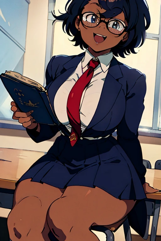 1 female, afro hair, black afro hair black girl afro hair, darker skin, brown skin, light blue eyes, huge breast, thick legs, school uniform, dress shirt, red tie, blue skirt, glasses, in the school, classroom, sitting down, in the chair, reading the book, open mouth, smile