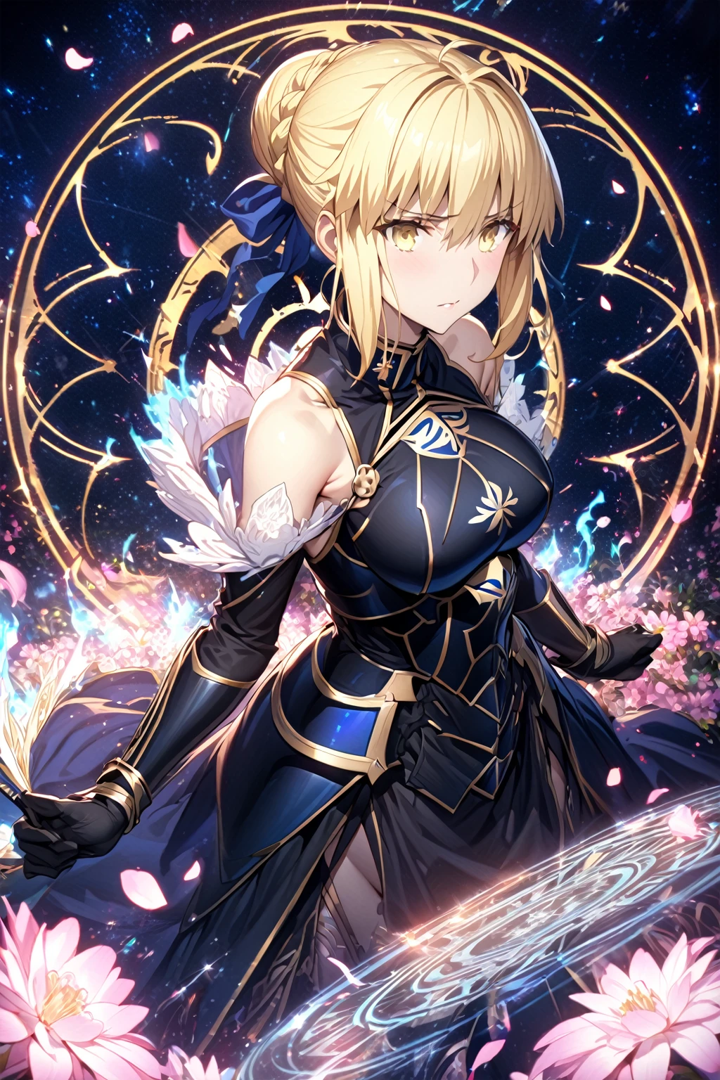 absurdres, highres, ultra detailed, HDR, master piece, Artoria Pendragon, blonde hair tied in a bun, expressive yellow eyes, Dark Saber, black dress, extremely beautiful, sexy woman, best quality, Fate Grand Order, magical circle, fantasy, magical, sensual, blue starry sky, glittering, accessories, black armor, blue ribbon, blue magic, blue flames, pink flowers, black gloves, pink petals