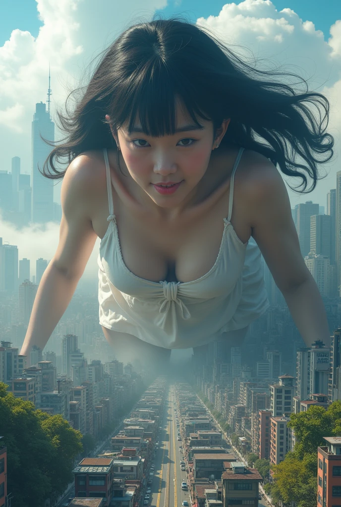 Masterece-piece, ultra-high definition photo quality, special effects cinematic camera work, building street, very beautiful 15m height giant female athletes, very sexy, bathing in fountains, sweaty, pixie cut, tan, looking down on the viewer and mocking, tiny micro bikini, strapless, ultra-small mini skirt, very long beautiful burly legs, barefoot, very long tongue, drooling, Evil desires, very exposed skin, very beautiful sweaty skin, armpit sweat, armpit hair, looking up from below, looking up, contrast with the surroundings, dirty skin, wounds on the legs, dirty soles,