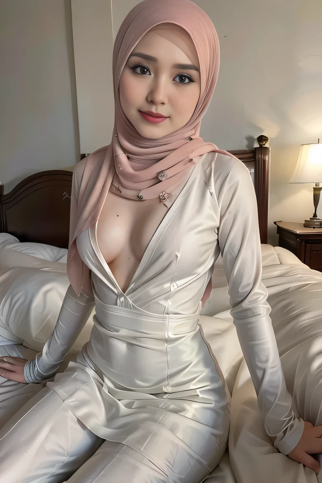 ("Wearing tanga"), (Happy smile), (((HIJAB MALAY GIRL))), masterpiece, High quality, UHD 32K, Realistic face, Realistic skin feeling , A Japanese Lady, Realistic breast, realistic cleavage, Very cute and baby-like face, (((FLAT CHEST))), (Night time in hotel room), ((look In front  at the camera and SADNESS)), ((())), (((CUTE GIRL))), ((RED LIPS)), ((DEEP V-NECK DRESS)), dark night background, ((flat chest:1.2)), sexy, seductive pose, cameltoe,