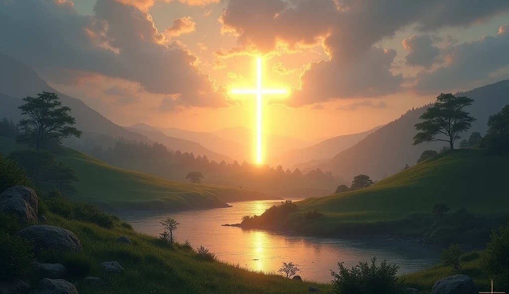 Generate images of South American and European nature, add dark tones to images, and a beautiful strong orange sun, focus on the sun in images with an air of hope and faith... size 16:9 thumbnail style, when you can, add a wooden cross to the background of the images. research before you start, and reflect, tundra.