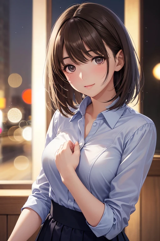 One Woman, alone, middle aged, Beautiful woman、I could see the whole body、 ((short hair)), ((Brown eyes, Beautiful eyelashes, Realistic eyes)), ((Detailed face, blush:1.2)), ((Smooth texture:0.75, Realistic texture:0.65, Realistic:1.1, Anime CG style)), Glamorous Body, Big Breasts, Dynamic Angle, Perfect body, ((Purple transparent blouse, Red mini skirt))、(Hotel stairs)、the wind is strong、(Very embarrassing panic smile)、looked back、I can see her ass sticking out in front of me...、Angle looking up from the bottom of the stairs、 (((I can see your whole ass、Pink floral panties)))、((Tabletop, Highest quality, High resolution, Pixel Perfect, 4K,))),