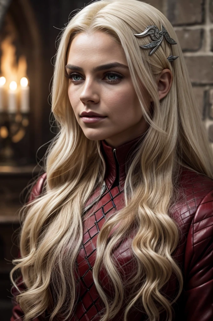A red background with house Targaryen flag, platinum blonde hair, red leather dress, putple eyes, [[victoria beckham]],[[kate beckinsale]],[[[emilia clarke]]]