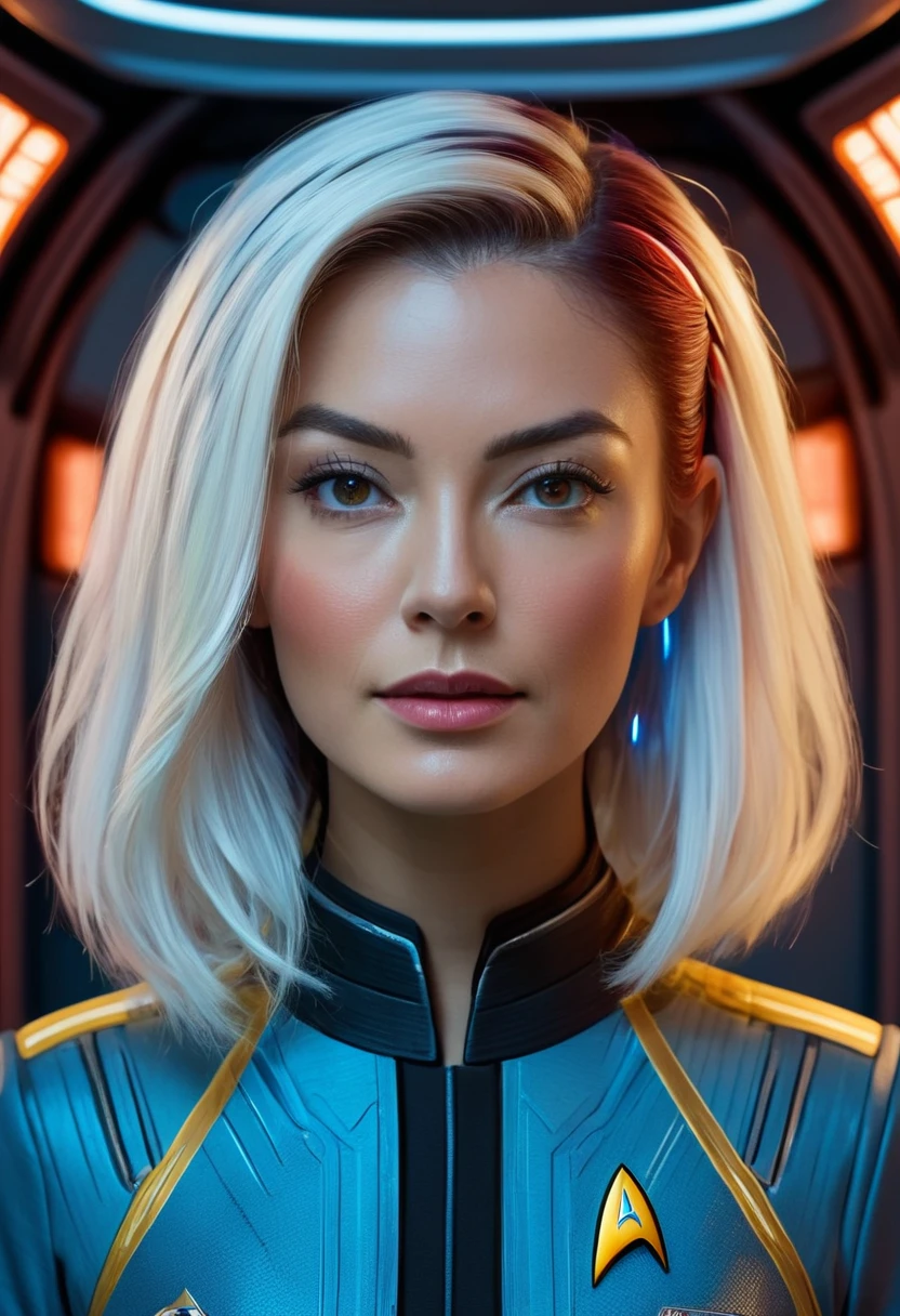 intricate detailed portrait of a woman in a star trek uniform, inside a futuristic spaceship, intricate details, hyper realistic, cinematic lighting, vibrant colors, 8k, (best quality,4k,8k,highres,masterpiece:1.2),ultra-detailed,(realistic,photorealistic,photo-realistic:1.37),cinematic lighting, vibrant colors, sci-fi, detailed facial features, elegant hairstyle, communicator device, control panels, view of outer space through windows