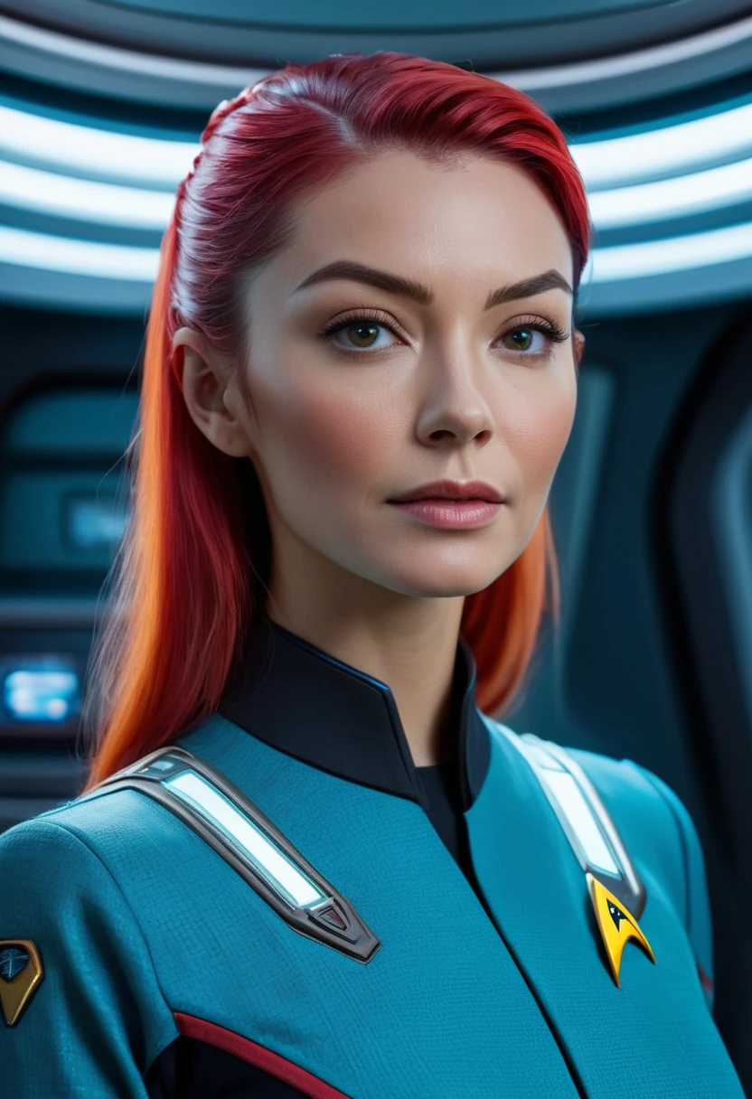 intricate detailed portrait of a woman in a star trek uniform, inside a futuristic spaceship, intricate details, hyper realistic, cinematic lighting, vibrant colors, 8k, (best quality,4k,8k,highres,masterpiece:1.2),ultra-detailed,(realistic,photorealistic,photo-realistic:1.37),cinematic lighting, vibrant colors, sci-fi, detailed facial features, elegant hairstyle, communicator device, control panels, view of outer space through windows