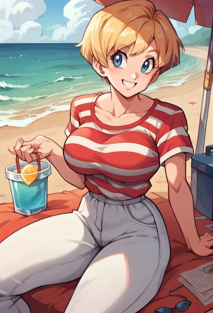 (NSFW 6.0), GIRL with big breasts, short hair, blonde, yellow eyes, undressing, tan lines, winking, hand on breasts, looking at viewer, areola, Nikke, Anis from Nikke goddess of Victory, at the beach, at a beach, top rated on pixiv, anime girl drinks energy drink,