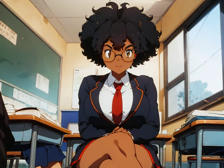 1 female, afro hair, black afro hair black girl afro hair, darker skin, brown skin, light blue eyes, huge breast, thick legs, school uniform, dress shirt, red tie, blue skirt, glasses, in the school, classroom, sitting down, in the chair, grabbing own ass, thick ass, ass, upskirt, open mouth, smile
