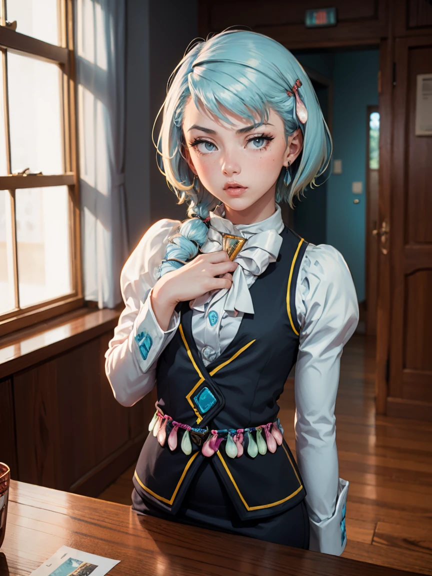 8k, ray tracing, vibrant colors, (aafranziska, light blue hair:1.5), (8 _old:2, ascot, black vest, (flat chest:1.4), bare arms, pencil skirt, pantyhose, black gloves, jewelry, earrings, slim figure, masterpiece, sharp focus, Best Quality, depth of field, cinematic lighting, very detailed clothes, (condom belt, condom hair ornament:1.4), ((so embarrassed, blush)), perfect eyes, perfect hair, Rich in details and textures, masterpiece, Best Quality, beautiful girl, Sun light, chiaroscuro, (perfect hands:0.7, Clean hands:0.7), ((((Professional photography)))), ((Dream)), Whole body