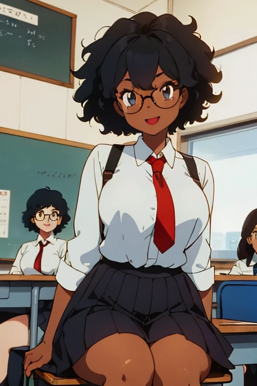 1 female, afro hair, black afro hair black girl afro hair, darker skin, brown skin, light blue eyes, huge breast, thick legs, school uniform, dress shirt, red tie, blue skirt, glasses, in the school, classroom, sitting down, in the chair, grabbing own ass, thick ass, ass, upskirt, open mouth, smile
