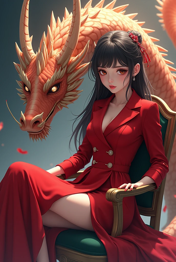 A woman in a red coat sitting on a chair with a dragon, popular en ArtStation Pixiv, detailed anime artwork, detailed digital anime art, Magnificent CGI anime style complex, guvez at the pixiv art station, guvez on pixiv, anime fantasy illustration, detailed anime art, clean detailed anime art, Detailed key anime art, micro open red lip, Romantic Nude, in the style of Stanley Kubrick, pastel, dramatic, --c 69