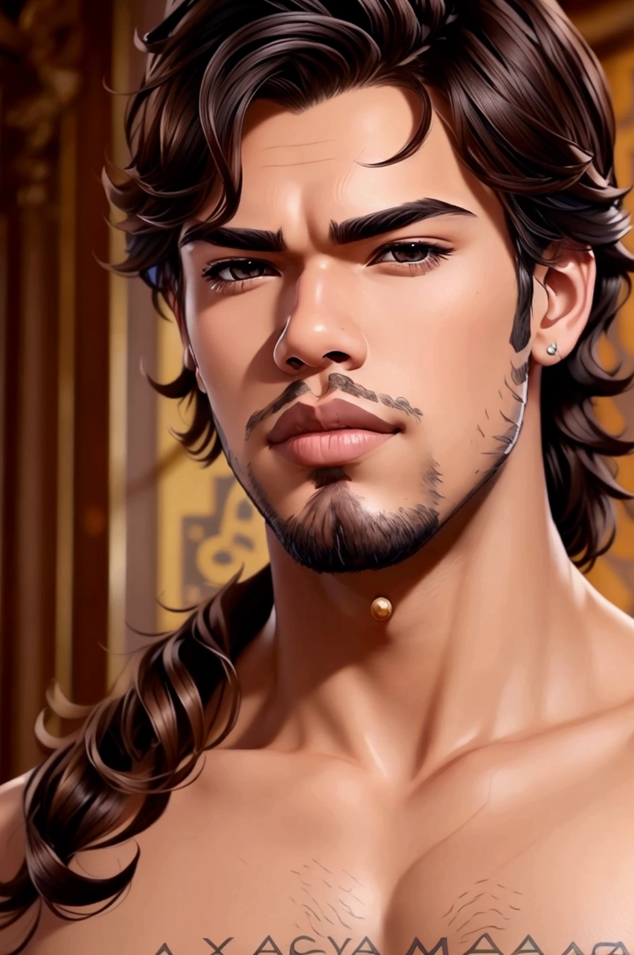 aladdin, muscular, large pectorals, stubble, solo, looking at viewer, black hair, 1boy, male focus, black eyes, desperate face, hands behind head, (hairy armpits), pillarboxed, hat, <lora:aladdin-40:0.65>