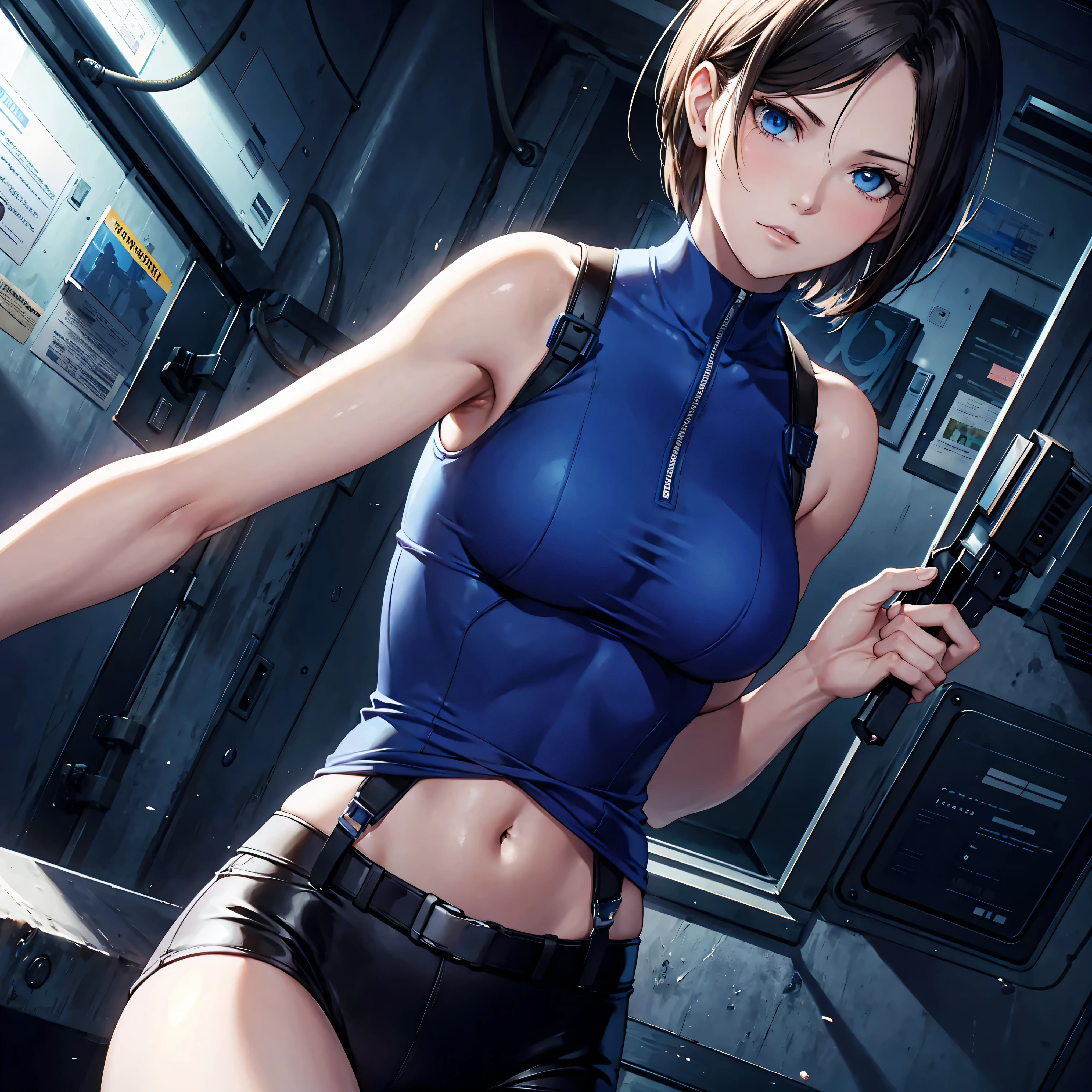 1girl,short hair,jill,valentine,tank top,short shorts,gloves,serious face,sexy body,police badge,blood,zombie,resident evil,brown hair,looking at viewer,8k,cleavange blue,asymmetrical hair,blue eyes,jill valentine,redesing.