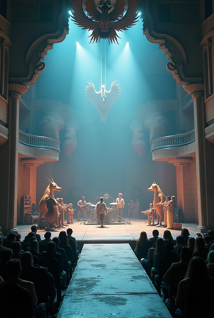 20 dragons playing brass instruments in a church sitting in a semi-circle on chairs with a music stand reading sheet music