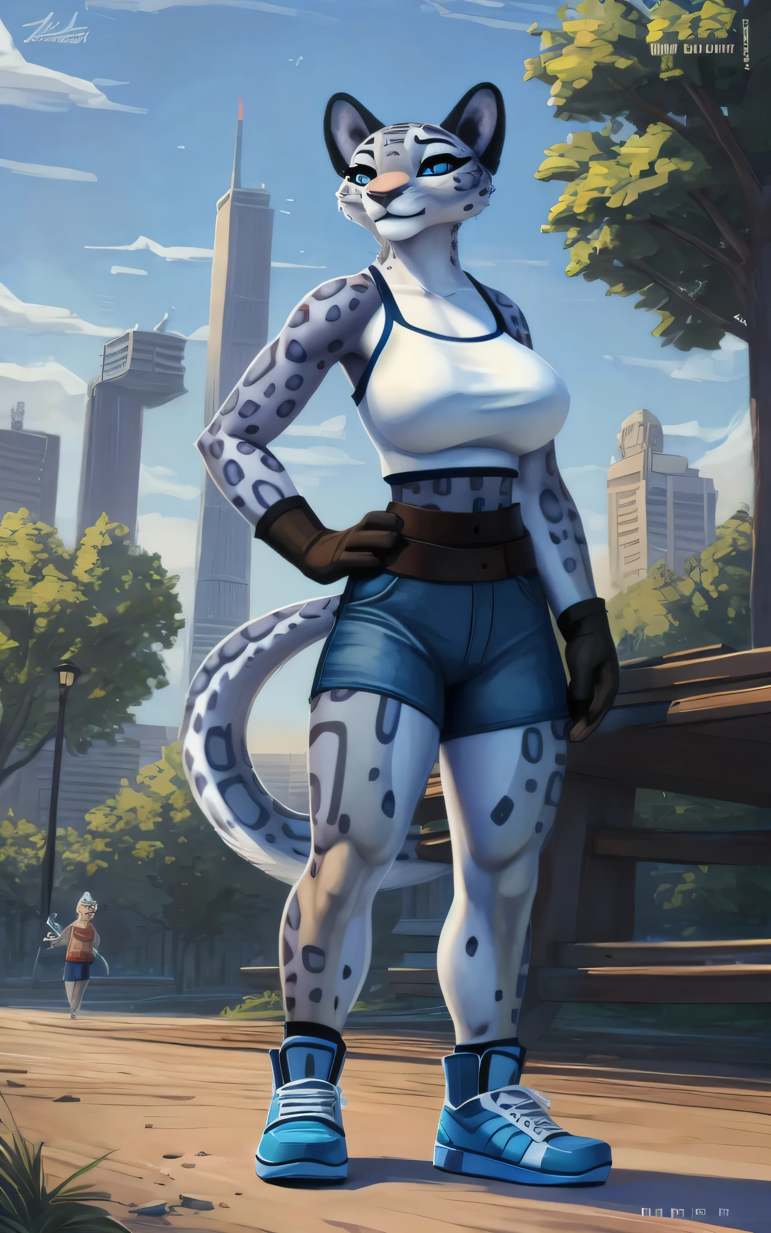 8 k,4K,((Best quality, masterpiece, ultra high resolution)),((full body, от Pixelsketcher)),   Song,fluffy, brown belt, white top, gloves, gloves,Blue eyes,sleeves, big breasts, fluffy female,Snow Leopard, animal nose, animal ears, poison,denim shorts, draw up,eyeshadow, brown, park background,in fashionable sneakers,Tail