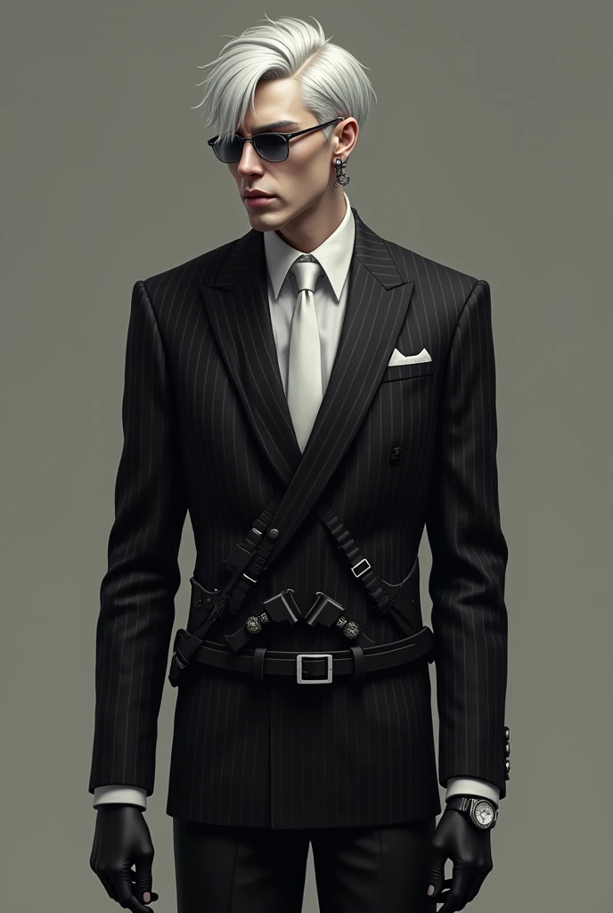 Man、Top section is white、The under section is black. Black turtleneck、A silver whistle around his neck、White trousers、Black belt、Red eyes with glasses