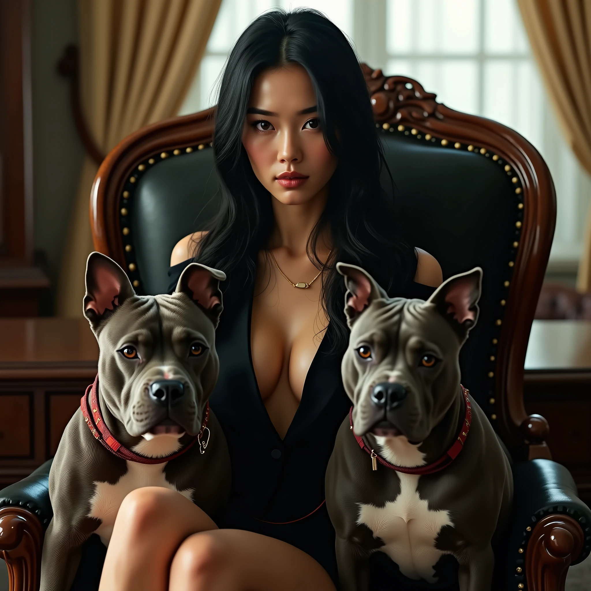 A beautiful Indonesian woman in a seductive sexy bikini sits astride with her neck on a chain using a bdsm dog chain on a farm and she looks very lustful while surrounded by many black dogs at night
