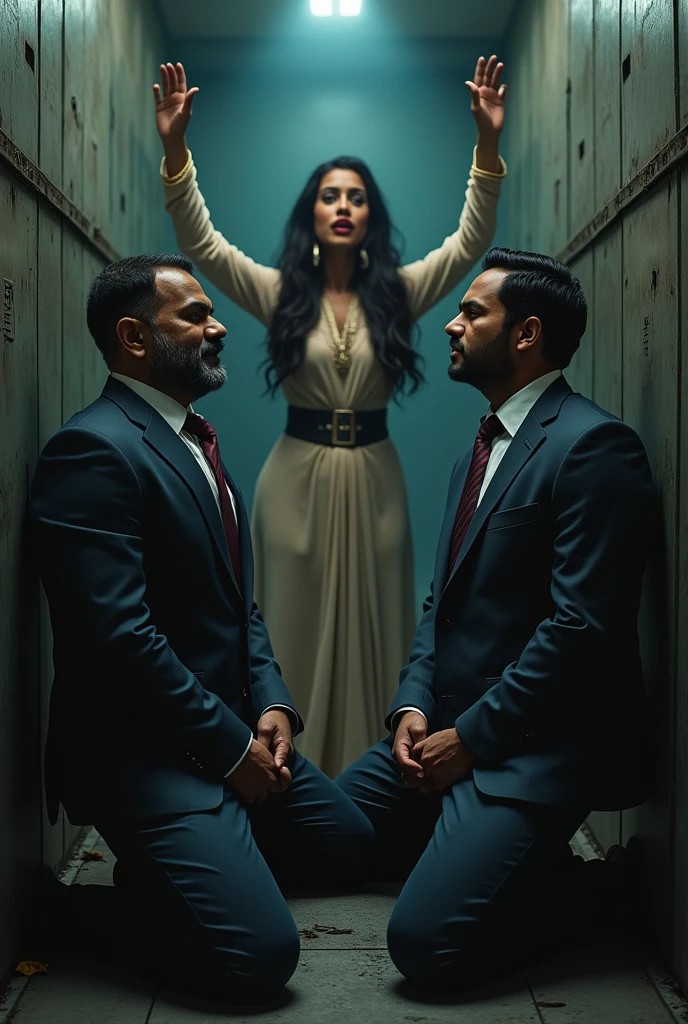 Two Masculer beard male students,wearing school Uniform wite taqyha hat ,Huges there Hot Slim feamle teacher from back and front side,wearing blue sari,golden colour neckless,and feeling shy,inside biological laboratory,night blue lighting