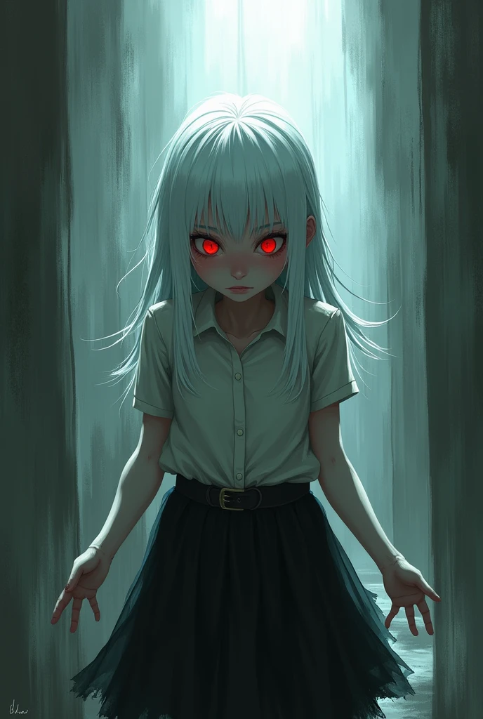 1girl, eerie, horror, thriller, curiosity, blood, darkness, panorama, despair, ghost