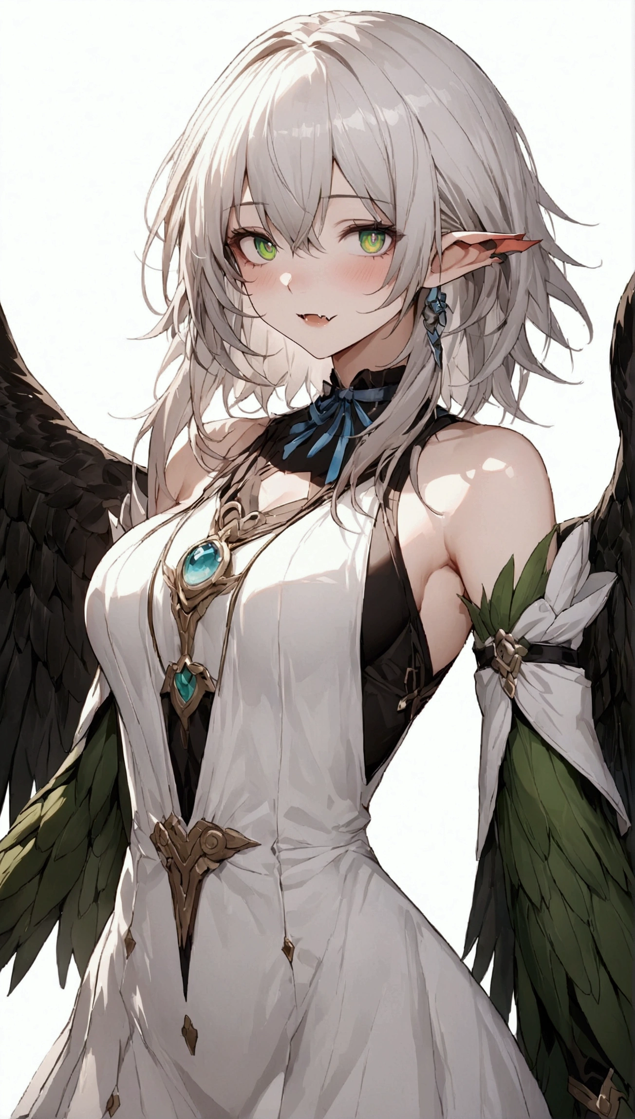 Tomboy, (four large black wings), abs, green eyes, overlooking a castle ruin, white hair, messy hair, very short hair, horns, glowing eyes, smirk, anime, cinematic lighting, UHD, masterpiece, super detail, high quality, best quality, high details, 8k, award winning, anatomically correct