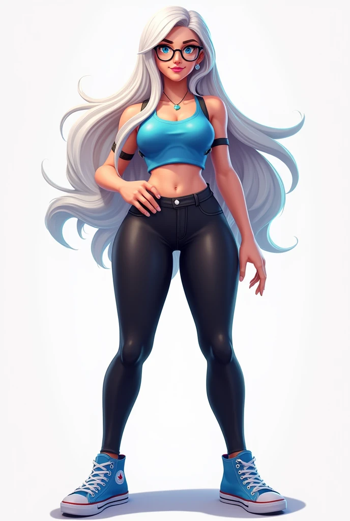 fortnite style girl, long white hair, Broad Hips, voluminous thighs, blue colored eyes, wearing glasses, Allstar Sneakers, sexy cobalt blue top solid black leggings full body