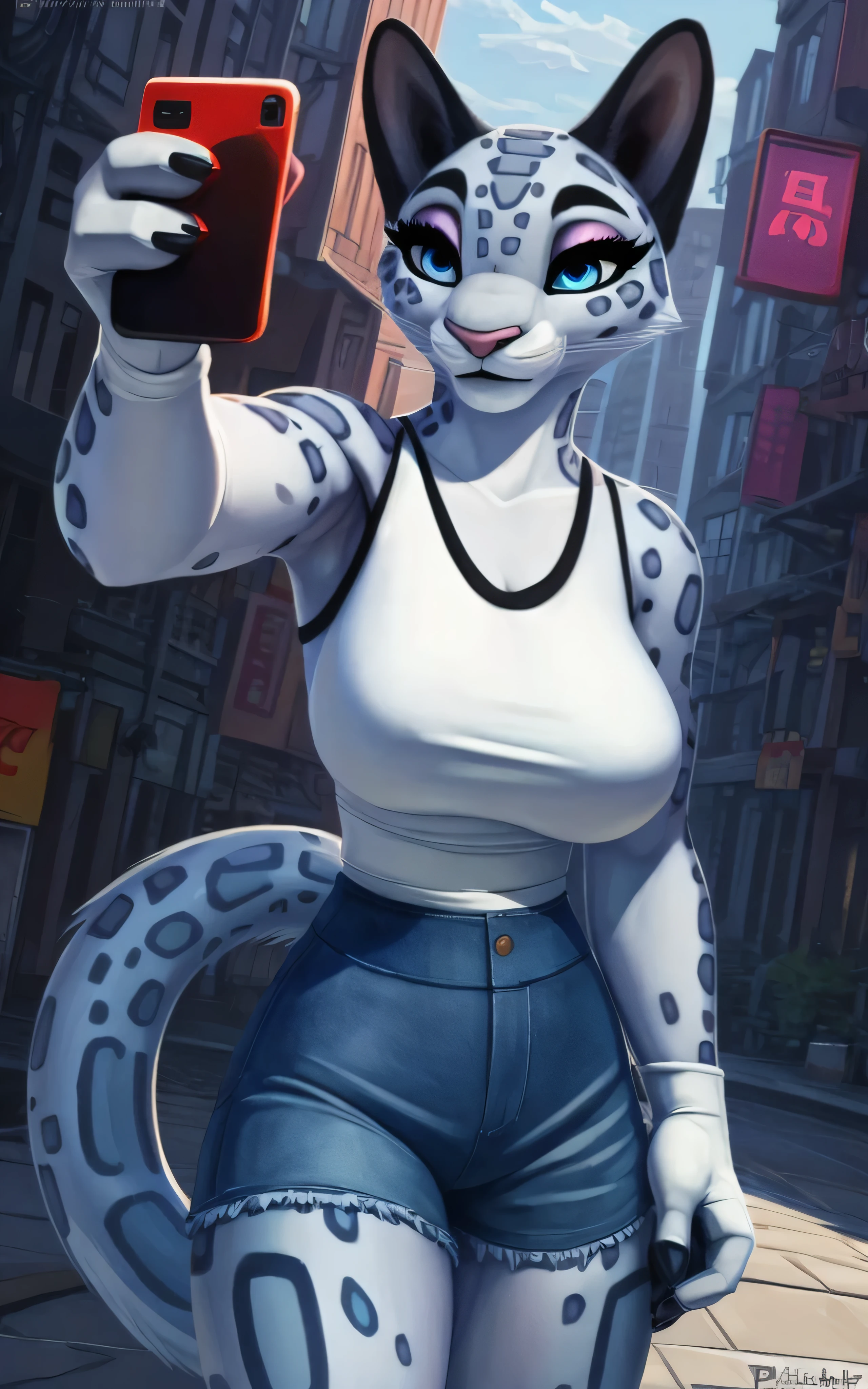 8 k,4K,((Best quality, masterpiece, ultra high resolution)),((full body, от Pixelsketcher)), Song,fluffy, perfectly beautiful face, perfectly detailed eyes, white top, gloves,Blue eyes,sleeves, big breasts, fluffy female,Snow Leopard, animal nose, animal ears, poison,denim shorts, draw up,eyeshadow, brown,  city streets background, hot, sexy, looks tenderly at the viewer, Tail, selfie