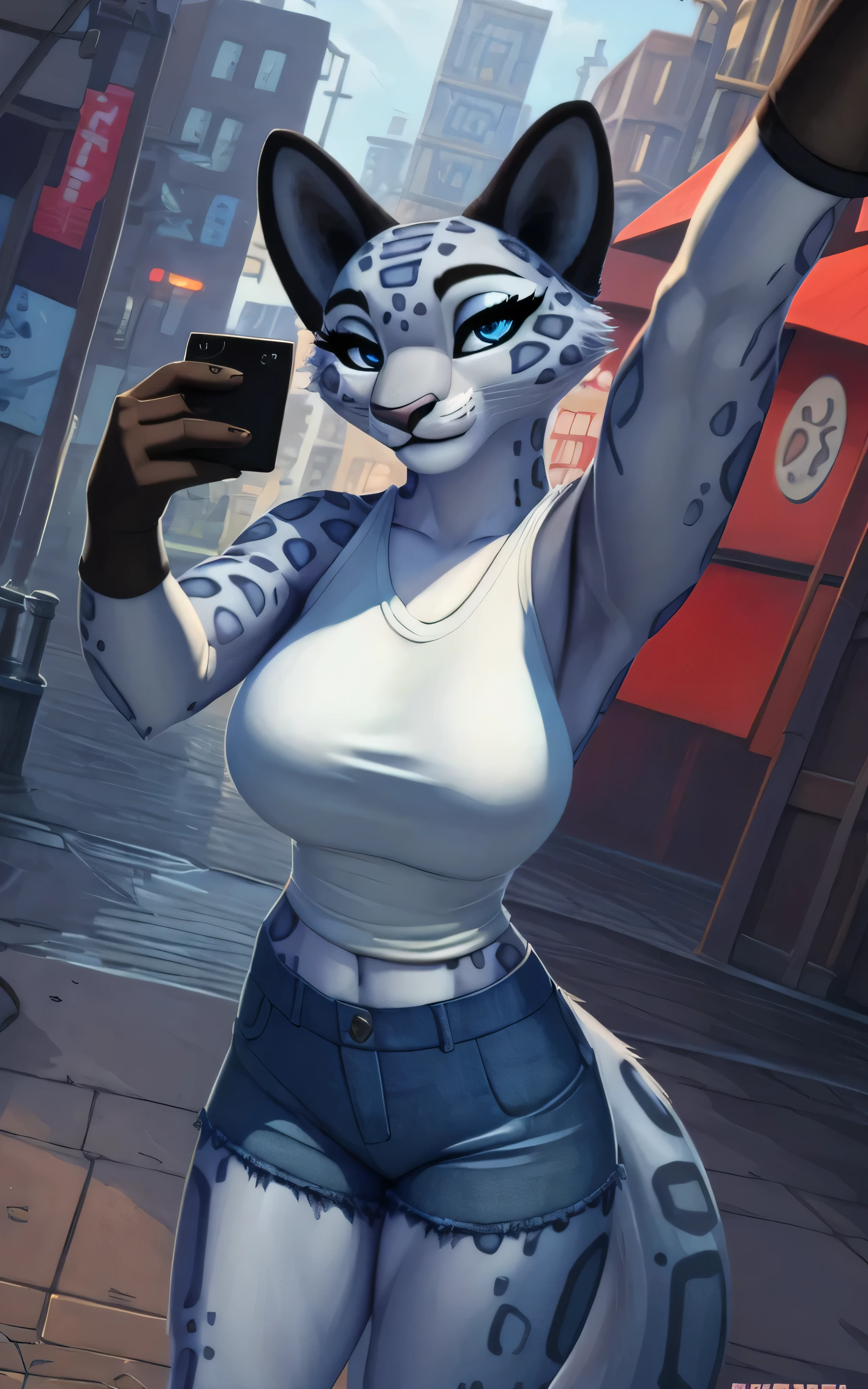 8 k,4K,((Best quality, masterpiece, ultra high resolution)),((full body, от Pixelsketcher)), Song,fluffy, perfectly beautiful face, perfectly detailed eyes, white top, gloves,Blue eyes,sleeves, big breasts, fluffy female,Snow Leopard, animal nose, animal ears, poison,denim shorts, draw up, brown, city streets background, hot, sexy, attractive, simply irresistible, charming, cute, looks tenderly at the viewer, Tail, selfie