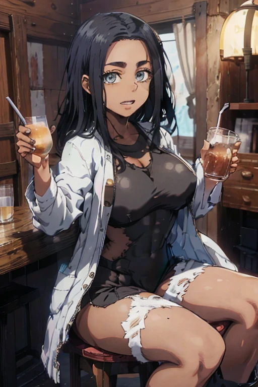 1 female, afro hair, black afro hair black girl afro hair, darker skin, brown skin, light blue eyes, huge breast, thick legs, cowgirl clothes, short short, jacket, boots, strip club, drinking, sitting down, in the chair, happy face, drinks, open mouth
