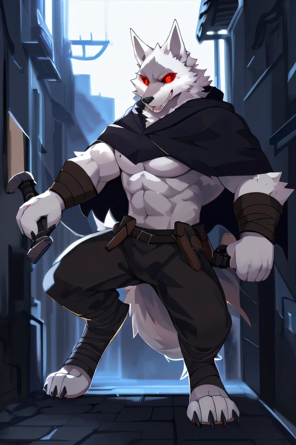 deathwolf, best quality, high res, masterpiece, by kiyosan, (by null-ghost:0.5), solo, detailed eyes, volumetric lighting, finely detail, full body, action pose, cloak, (weapon:0.9), white fur, red eyes, white sclera, muscular, night, detailed background, alley, pullover
