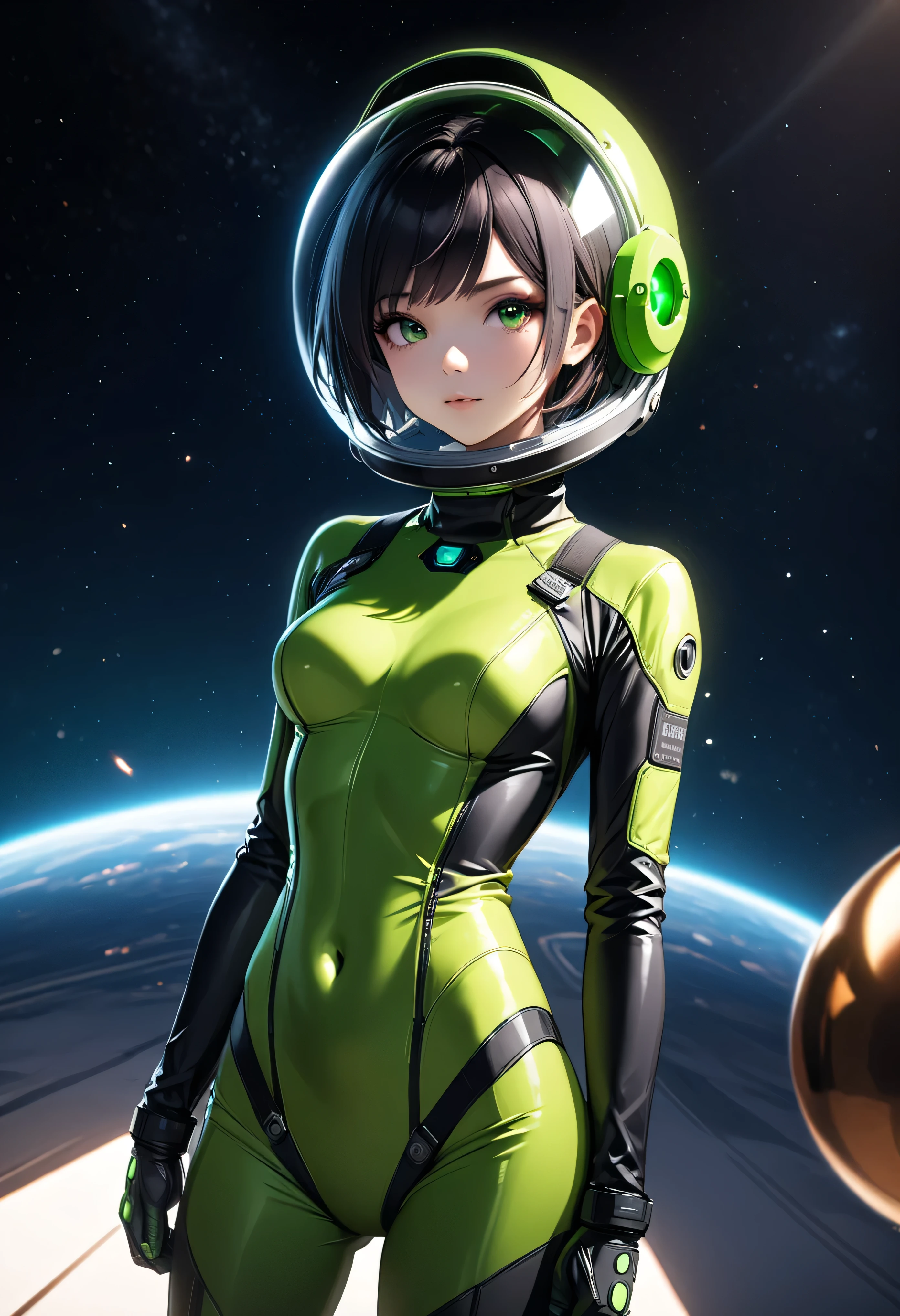 Short Hair, street, Emo, Black Hair, White Eyes, Eyeliner,(Astronaut, girl,  Reinforced Suit, ((green:1.5) Plug Suit), Short Hair, Cinematic Light, Medium sized breasts, Covered navel, Space Helmet, Mvrów, Space Helm, Eva Helmet, (Show your hand:1.6), (hold one&#39;s head:1.7), Upper Body,Place your hands on your head