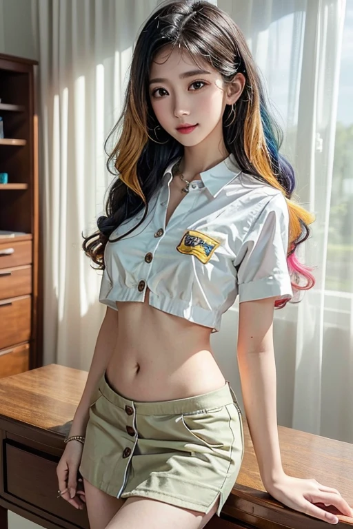 Top quality, RAW Photo, Highest Quality Image, 16K, Full body, Age 22, Realistic, Photorealistic,  Beautiful Asian woman, Sexy, body, White pale skin, ((( Multicolor Hair ))), ((( Short and wavy hairstyle ))), Modern hairstyles, Detailed face, Detailed body, Detailed skin, Double eyelids, Very Big eyes, long eyelashes, bright eyes, green eyes, natural lips, detailed lips, ((( Very Small breasts, Flat Breasts ))), posing in bedroom studio, sunny day light,  ((( wearing Thai university student uniform,  all buttons are unbuttoned ))), no bra, ((( piercings ))), ((( piercing bellybutton with jewelry )))