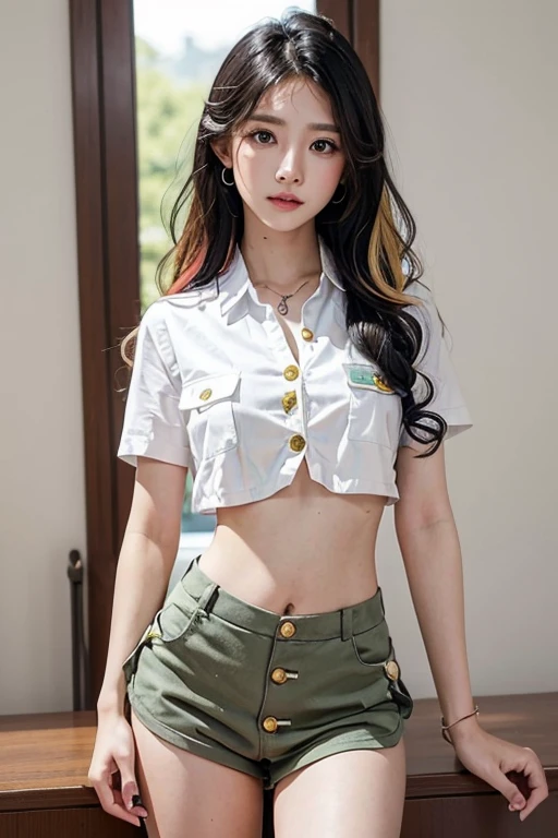 Top quality, RAW Photo, Highest Quality Image, 16K, Full body, Age 22, Realistic, Photorealistic,  Beautiful Asian woman, Sexy, body, White pale skin, ((( Multicolor Hair ))), ((( Short and wavy hairstyle ))), Modern hairstyles, Detailed face, Detailed body, Detailed skin, Double eyelids, Very Big eyes, long eyelashes, bright eyes, green eyes, natural lips, detailed lips, ((( Very Small breasts, Flat Breasts ))), posing in bedroom studio, sunny day light,  ((( wearing Thai university student uniform,  all buttons are unbuttoned ))), no bra, ((( piercings ))), ((( piercing bellybutton with jewelry )))