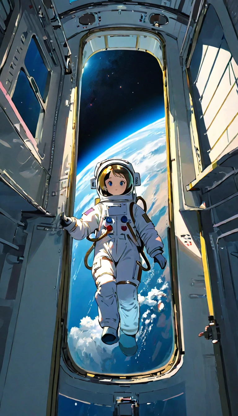 Best Quality、masterpiece、High resolution、RAW Photos、break、Perfect Anatomy、One Girl、Reflective helmet、Wearing a helmet、Astronaut suits that fit snugly against the skin、２０ability、Zero Gravity Swimming、Space Station、Experimental Building、Complex Instrumentation、Detailed Description、近未来のSpace Station、break、Earth seen from a window、Beautiful Earth、Blue Earth、