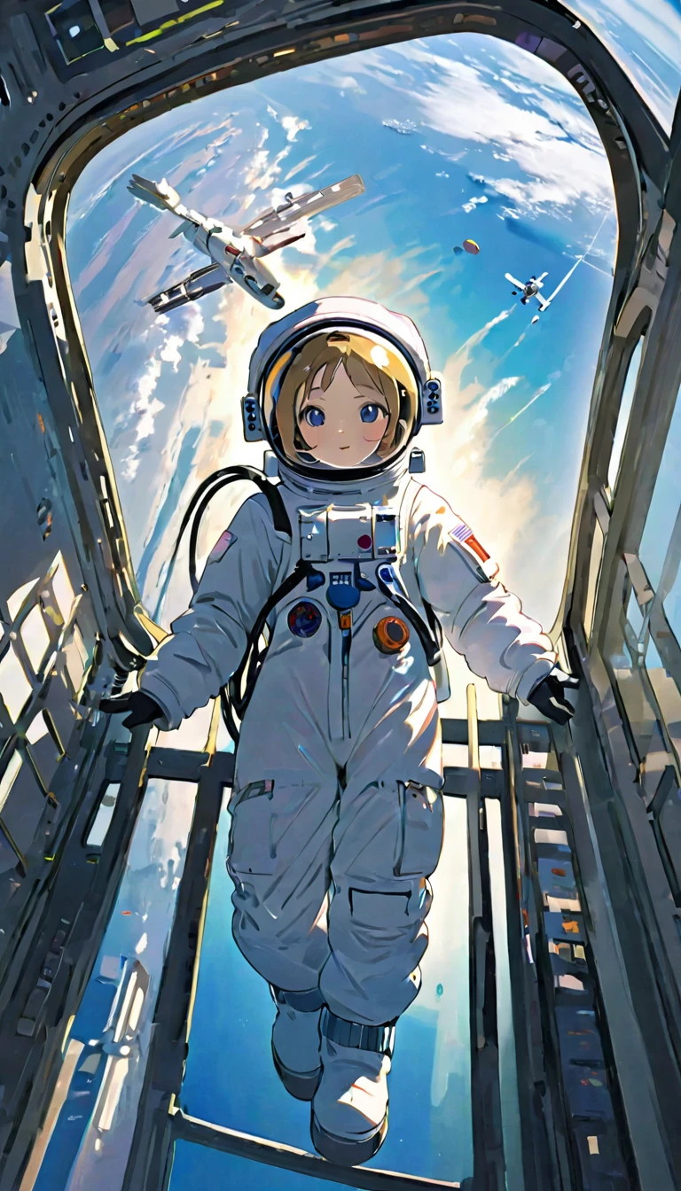 Best Quality、masterpiece、High resolution、RAW Photos、break、Perfect Anatomy、One Girl、Reflective helmet、Wearing a helmet、Astronaut suits that fit snugly against the skin、２０ability、Zero Gravity Swimming、Space Station、Experimental Building、Complex Instrumentation、Detailed Description、近未来のSpace Station、break、Earth seen from a window、Beautiful Earth、Blue Earth、