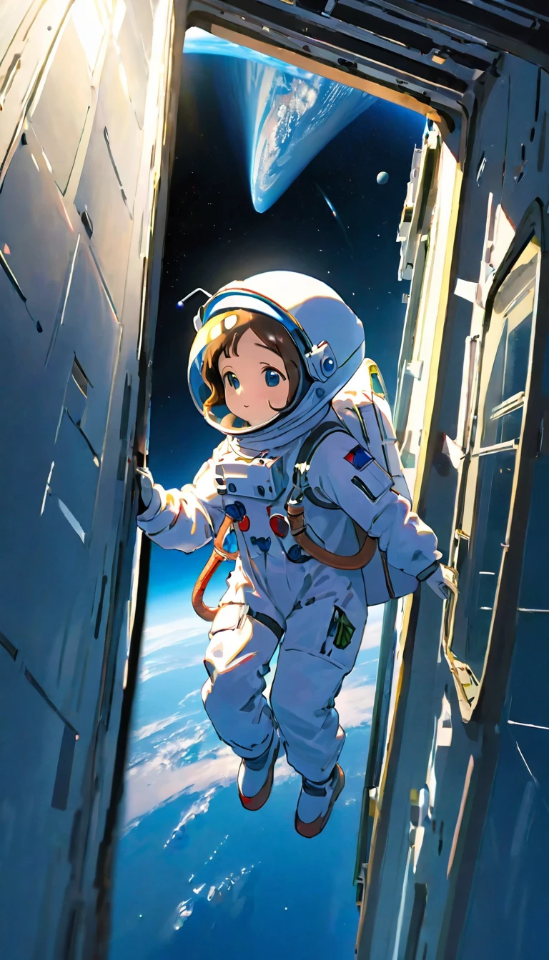 Best Quality、masterpiece、High resolution、RAW Photos、break、Perfect Anatomy、One Girl、Reflective helmet、Wearing a helmet、Astronaut suits that fit snugly against the skin、２０ability、Zero Gravity Swimming、Space Station、Experimental Building、Complex Instrumentation、Detailed Description、近未来のSpace Station、break、Earth seen from a window、Beautiful Earth、Blue Earth、