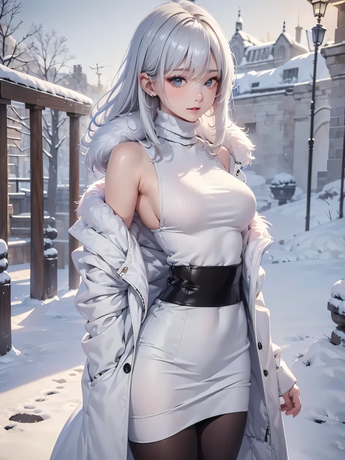 masterpiece:1.5, high quality. 1girl, turtleneck sweater, sideboob, black short pants, pantyhose, white hair, fur white coat, medium breasts, bright skin. background: winter ruins, snow fall. ダイナミックなポーズ