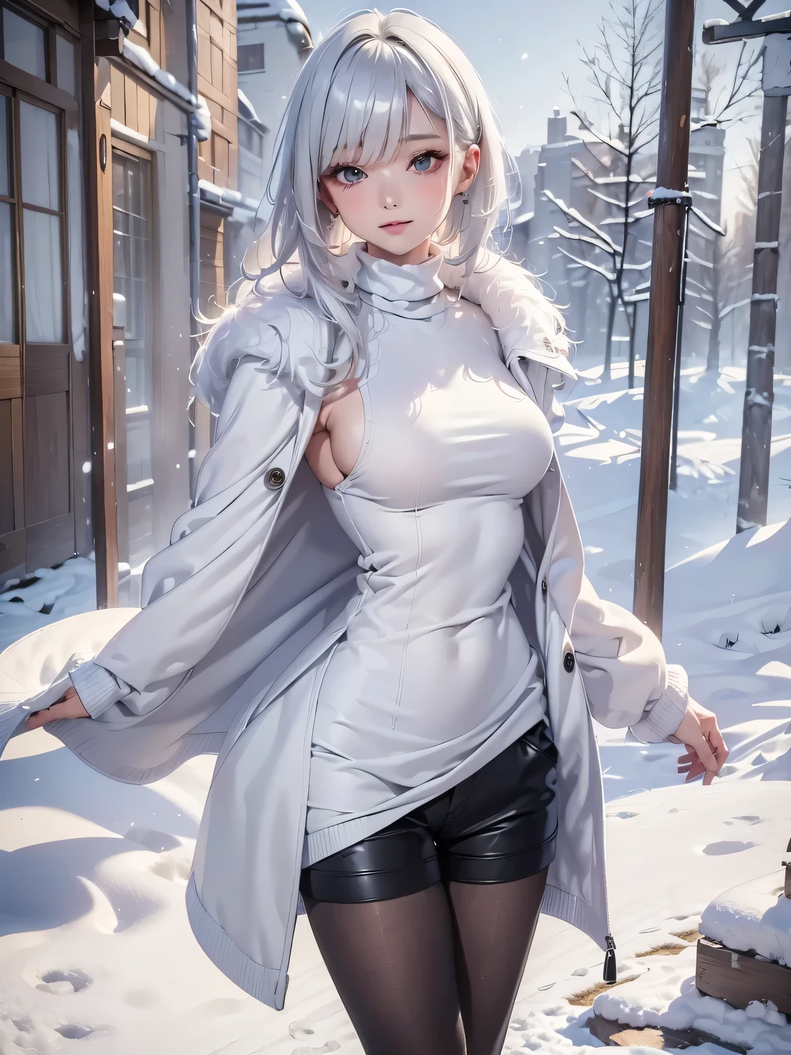 masterpiece:1.5, high quality. 1girl, turtleneck sweater, sideboob, black short pants, pantyhose, white hair, fur white coat, medium breasts, bright skin. background: winter ruins, snow fall. ダイナミックなポーズ