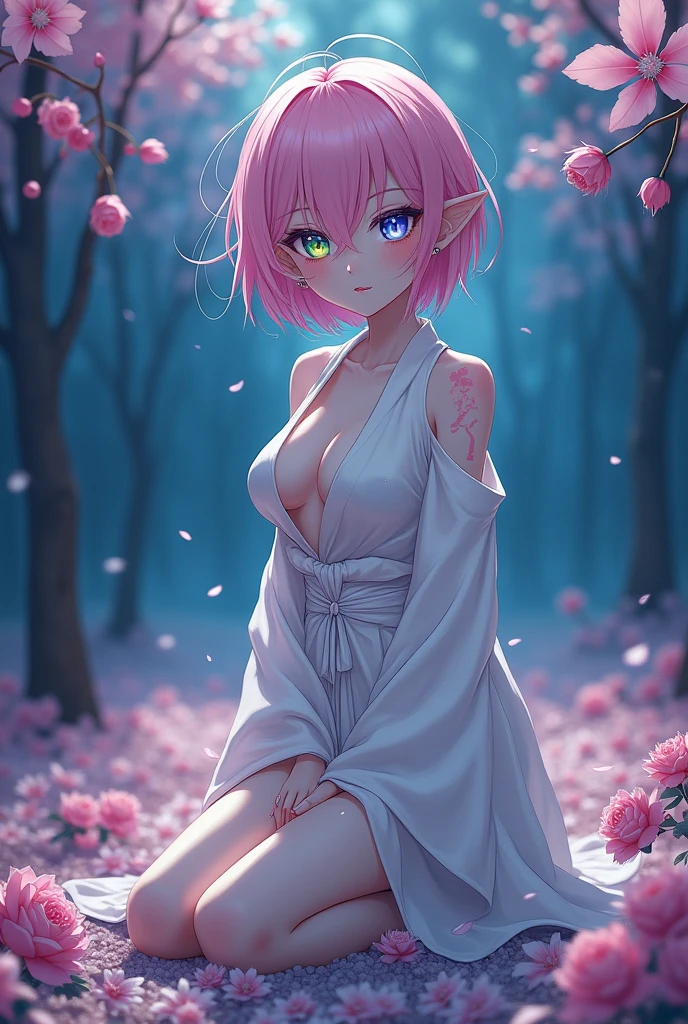 One girl in a pink dress, Realistic, (Looking at Viewer:1), (ulzzang-6500:0.66), Thin thighs, Bare legs, Skinny Legs,Dappled sunlight, Best Quality, 超A high resolution, (Photorealistic:1.4), Yaemiko, Short hair, Pink hair, Yae_Sakura, Jewelry, cherryblossom, (Smile:1), Bare_shoulders, hair_ornament detached, Purple_Eyes, , Detached_sleeves, , Detailed eyes,, (lightsmile:1), , (Small breasts:1.4), , (bare upper body:1.4), , (puffy niples:1),, arms behind back,